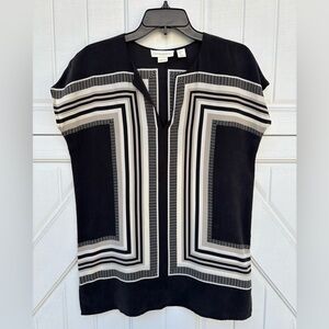 Cynthia Rowley 100% Silk Tunic Top Small Black Cream Geometric Print